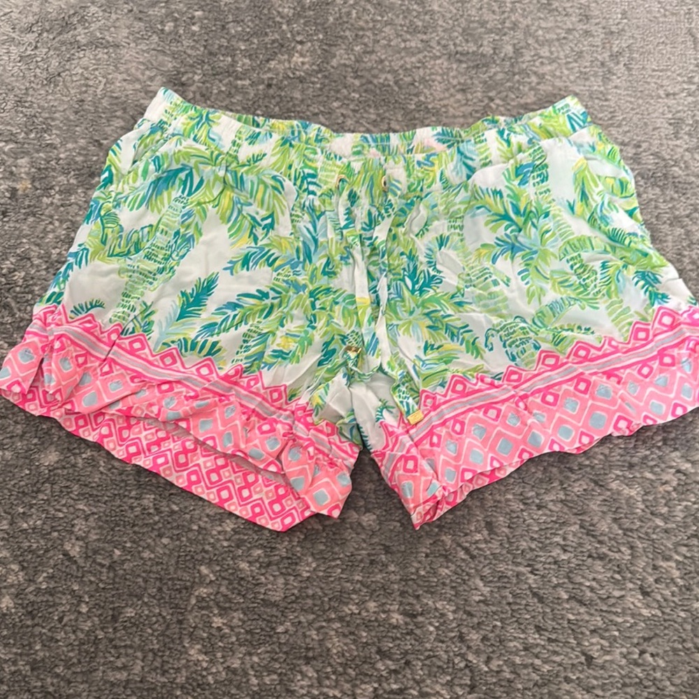 Lilly Pulitzer Green and Pink Bermuda Shorts Vibrant Tropical Print